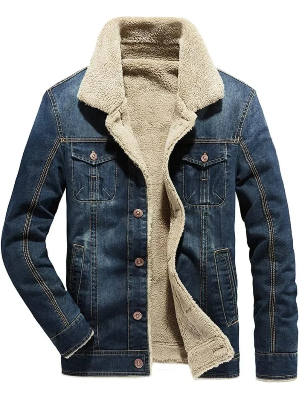 Cozy Sherpa Lined Denim Trucker Jacket for Men - Winter Jean Coat, Cowboy Style